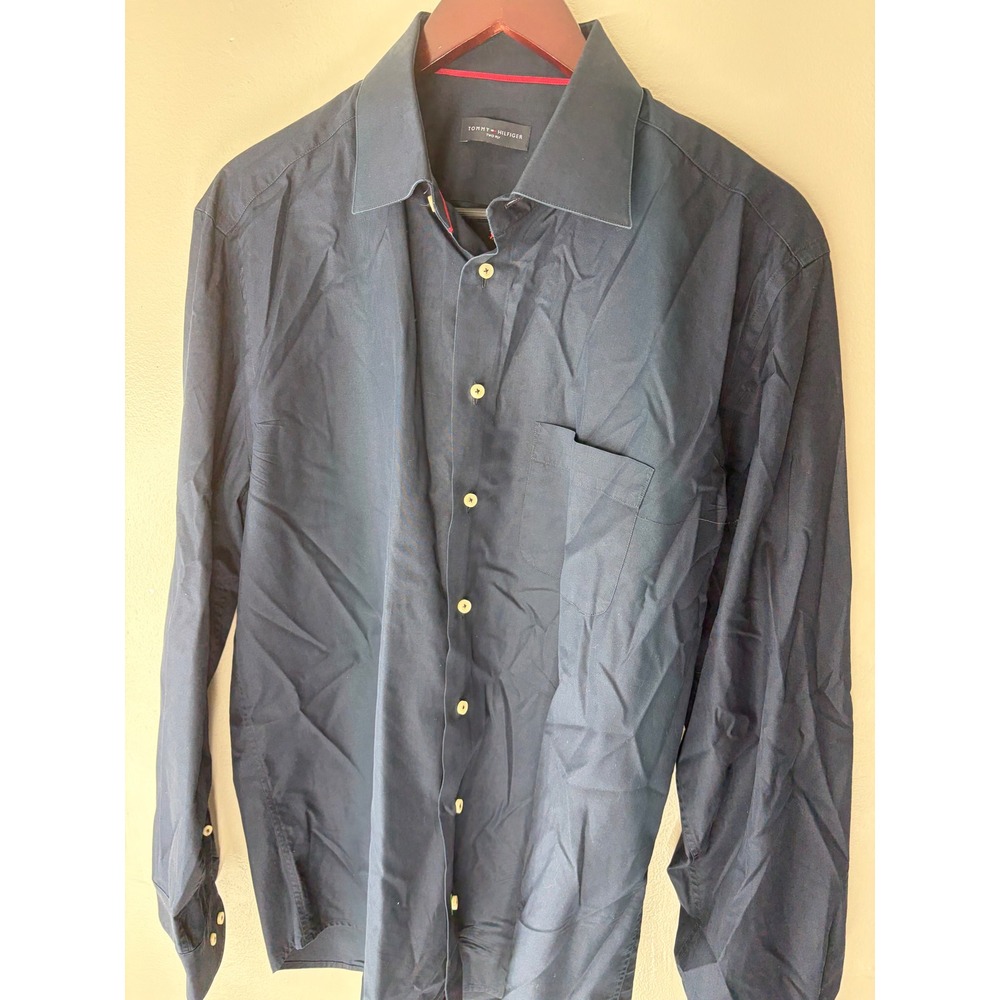 Tommy Hilfiger Mens Navy Blue Slim Fit Long Sleeve Button Down Dress Shirt 16 41